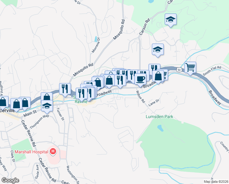 map of restaurants, bars, coffee shops, grocery stores, and more near 1312 Broadway in Placerville