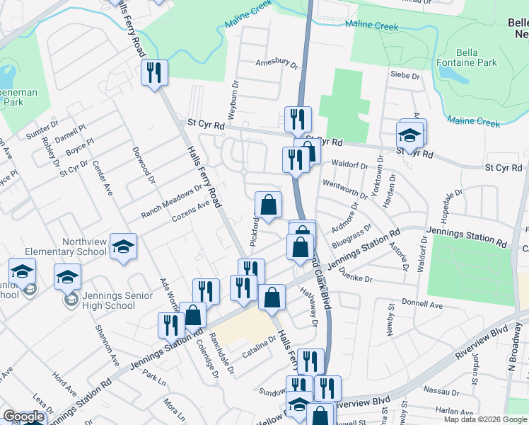 map of restaurants, bars, coffee shops, grocery stores, and more near 9411 Eastchester Drive in Jennings