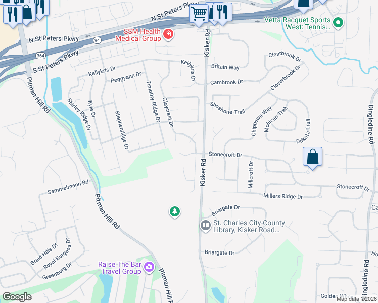 map of restaurants, bars, coffee shops, grocery stores, and more near 109 Claybrook Court in Saint Charles