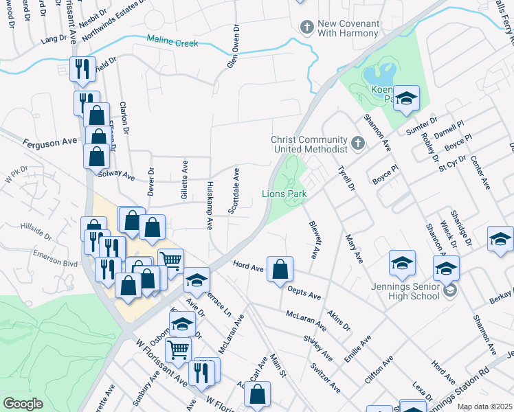 map of restaurants, bars, coffee shops, grocery stores, and more near 2736 Darla Court in Jennings