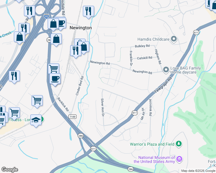 map of restaurants, bars, coffee shops, grocery stores, and more near 8351 Stationhouse Court in Lorton