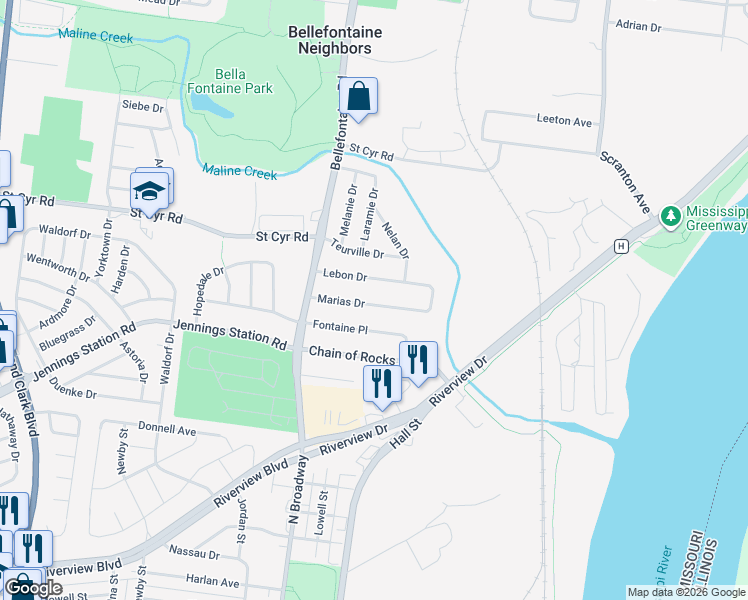 map of restaurants, bars, coffee shops, grocery stores, and more near 901 Marias Drive in St. Louis