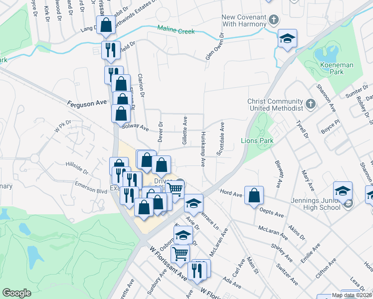 map of restaurants, bars, coffee shops, grocery stores, and more near 2838 Meadowlark Avenue in Jennings