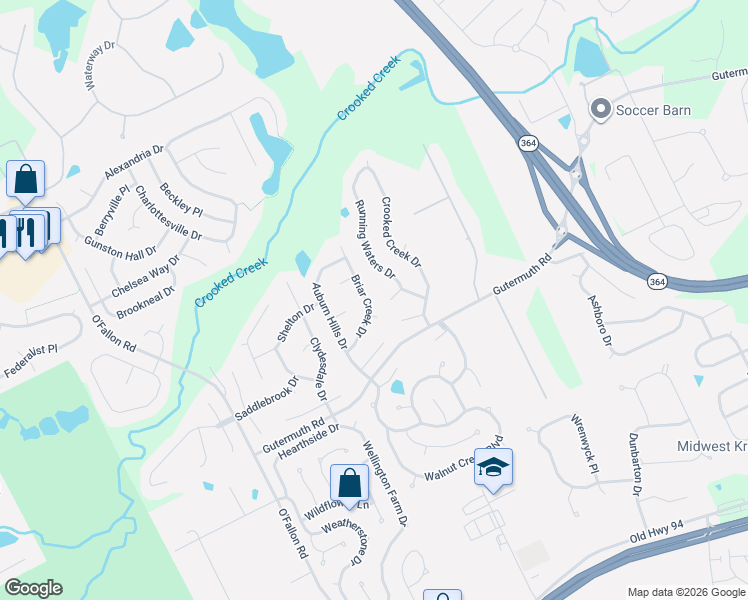 map of restaurants, bars, coffee shops, grocery stores, and more near 1369 Briar Creek Drive in Saint Charles