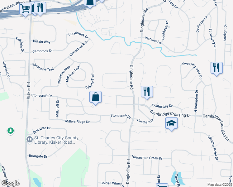 map of restaurants, bars, coffee shops, grocery stores, and more near 4131 Stafford Place Court in Saint Charles