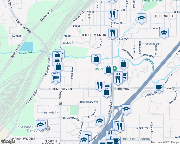 map of restaurants, bars, coffee shops, grocery stores, and more near 2049 Milan Way in Roseville