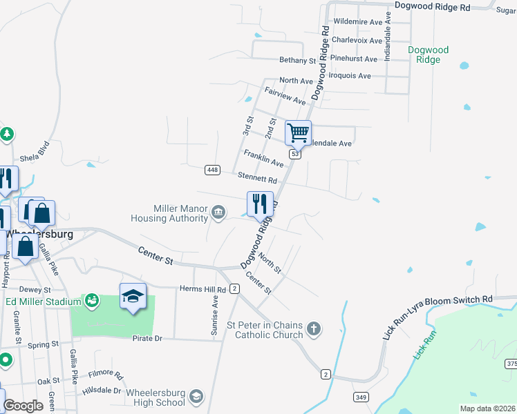 map of restaurants, bars, coffee shops, grocery stores, and more near 54 Kinker Drive in Wheelersburg