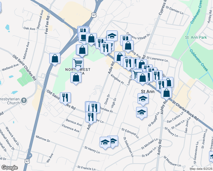 map of restaurants, bars, coffee shops, grocery stores, and more near 3731 Dixie Drive in Saint Ann