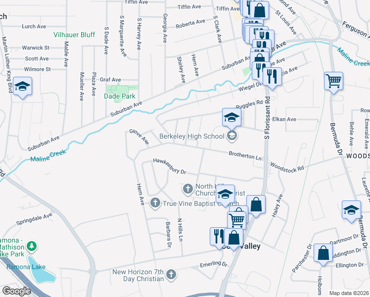 map of restaurants, bars, coffee shops, grocery stores, and more near 520 Brotherton Lane in Ferguson