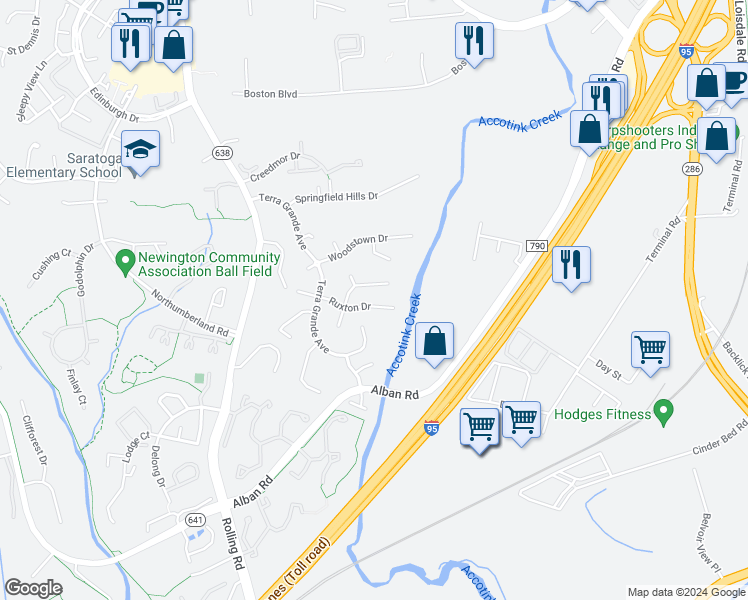 map of restaurants, bars, coffee shops, grocery stores, and more near 7592 Ruxton Drive in Springfield