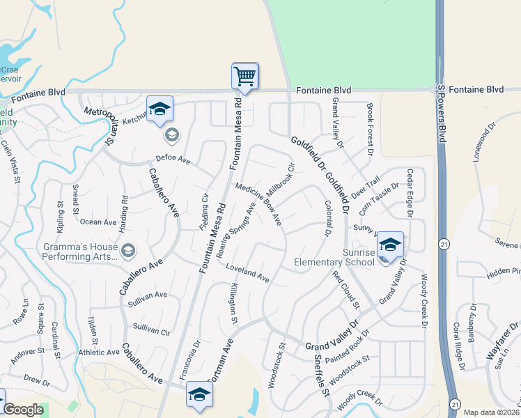map of restaurants, bars, coffee shops, grocery stores, and more near 7220 Roaring Spring Terrace in Fountain