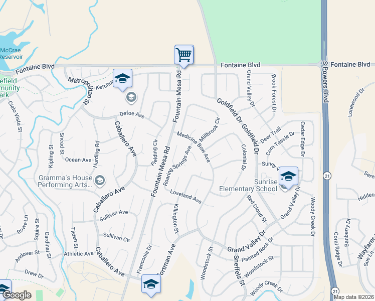 map of restaurants, bars, coffee shops, grocery stores, and more near 7220 Roaring Spring Terrace in Fountain