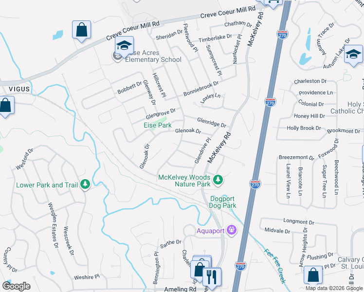 map of restaurants, bars, coffee shops, grocery stores, and more near 11943 Glen West Drive in Maryland Heights