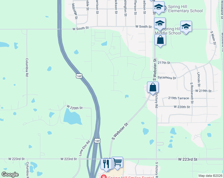 map of restaurants, bars, coffee shops, grocery stores, and more near 21303 West 219th Street in Spring Hill