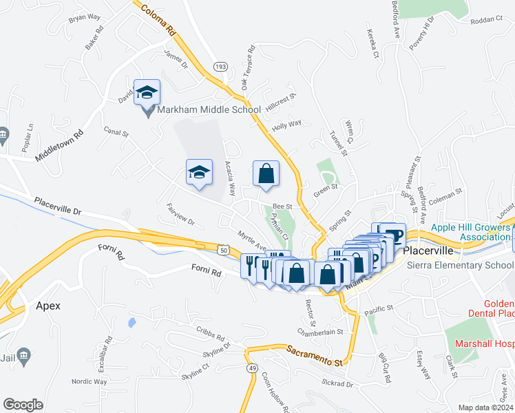 map of restaurants, bars, coffee shops, grocery stores, and more near 2924 Bond Court in Placerville