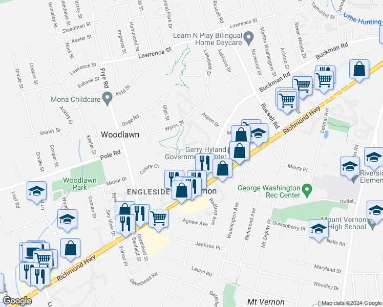 map of restaurants, bars, coffee shops, grocery stores, and more near 8386F Brockham Drive in Alexandria