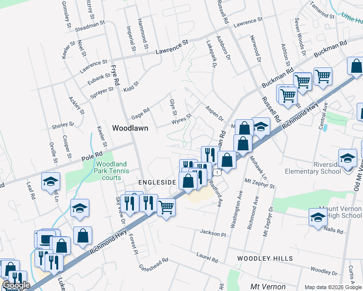 map of restaurants, bars, coffee shops, grocery stores, and more near 8333 Pondside Terrace in Alexandria