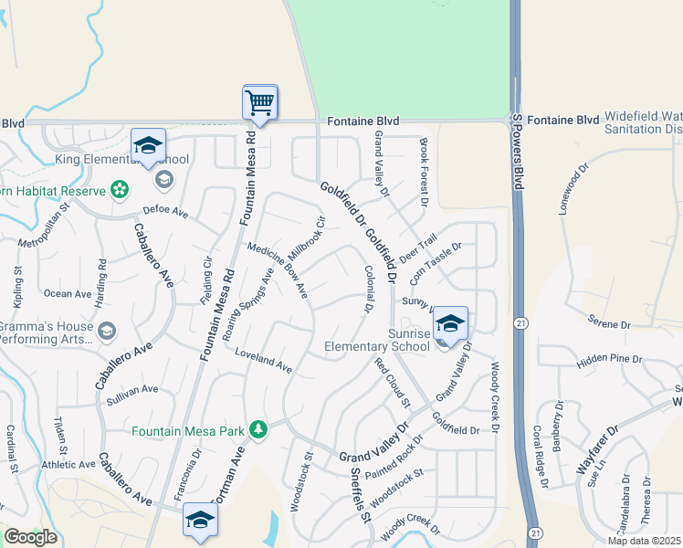 map of restaurants, bars, coffee shops, grocery stores, and more near 7315 Colonial Court in Fountain