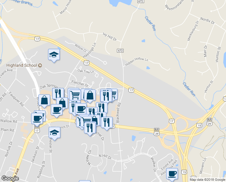 map of restaurants, bars, coffee shops, grocery stores, and more near 741 Arbor Court in Warrenton