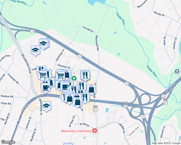 map of restaurants, bars, coffee shops, grocery stores, and more near 741 Arbor Court in Warrenton