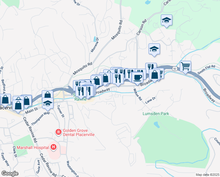 map of restaurants, bars, coffee shops, grocery stores, and more near 1312 Broadway in Placerville