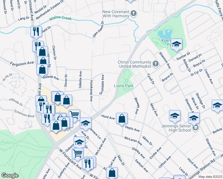 map of restaurants, bars, coffee shops, grocery stores, and more near 2736 Darla Court in Jennings