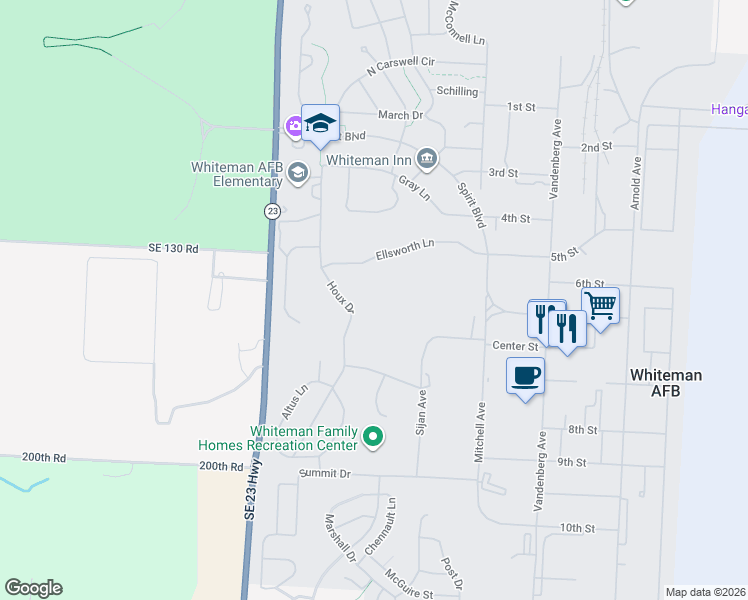 map of restaurants, bars, coffee shops, grocery stores, and more near in Whiteman Air Force Base