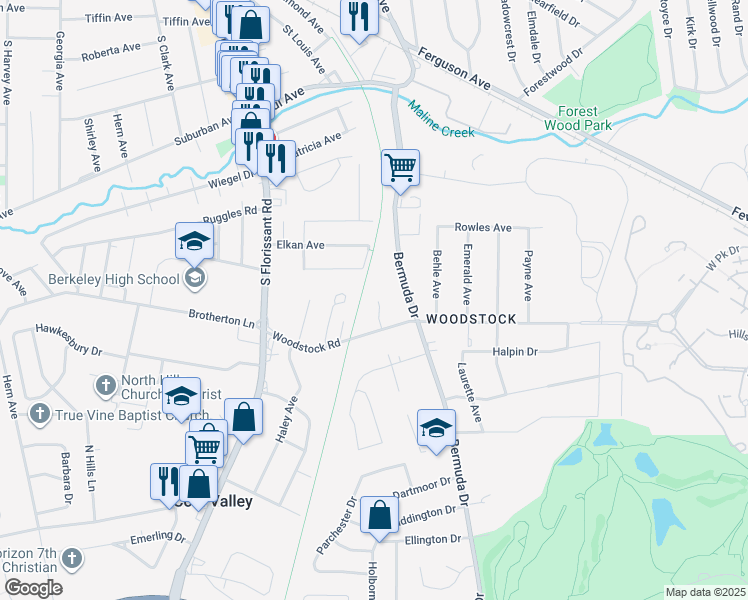 map of restaurants, bars, coffee shops, grocery stores, and more near 6128 Quiet Lake Court in Ferguson