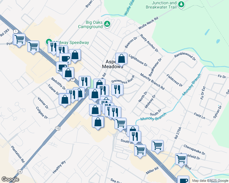 map of restaurants, bars, coffee shops, grocery stores, and more near 18642 Snowmass Run South in Rehoboth Beach