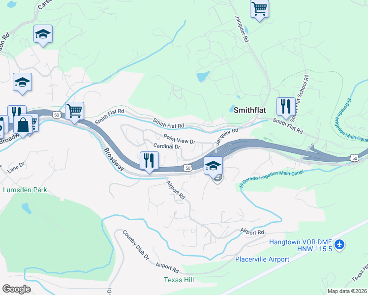 map of restaurants, bars, coffee shops, grocery stores, and more near 2998 Letitia Avenue in Placerville