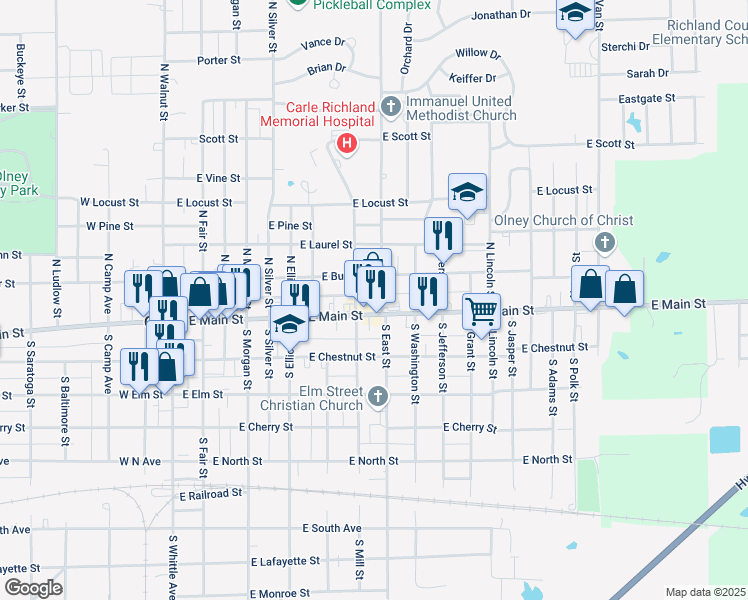 map of restaurants, bars, coffee shops, grocery stores, and more near 900-998 E Main St in Olney