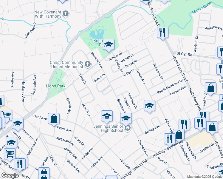 map of restaurants, bars, coffee shops, grocery stores, and more near 8878 Shannon Fox Circle in Saint Louis