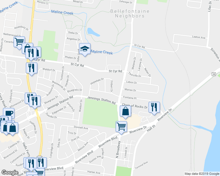 map of restaurants, bars, coffee shops, grocery stores, and more near 9231 Filibert Drive in St. Louis