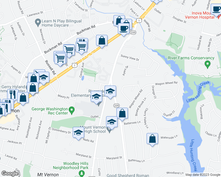 map of restaurants, bars, coffee shops, grocery stores, and more near 8315 Old Mount Vernon Road in Alexandria
