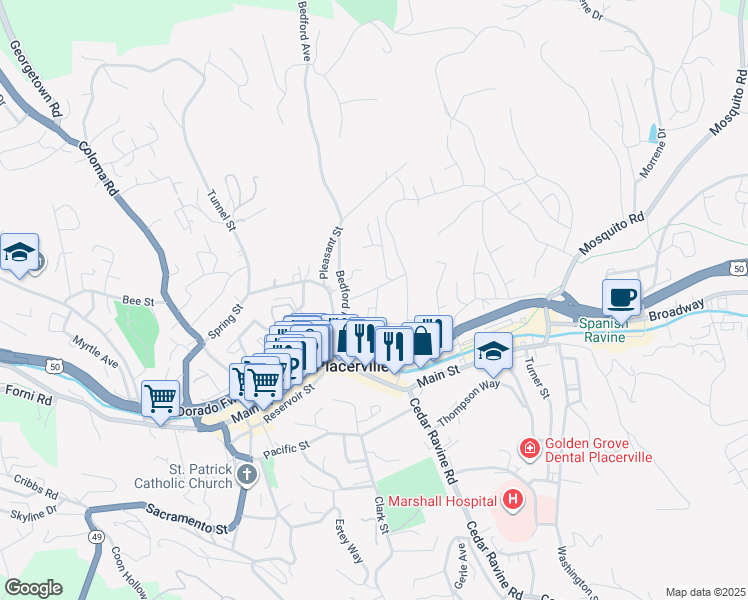 map of restaurants, bars, coffee shops, grocery stores, and more near 2880 Norman Street in Placerville