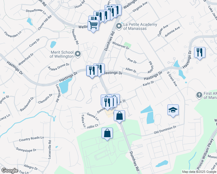 map of restaurants, bars, coffee shops, grocery stores, and more near 10275 Dorchester Place in Manassas