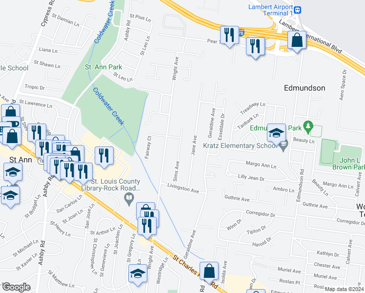 map of restaurants, bars, coffee shops, grocery stores, and more near 3980 Sims Avenue in Saint Ann