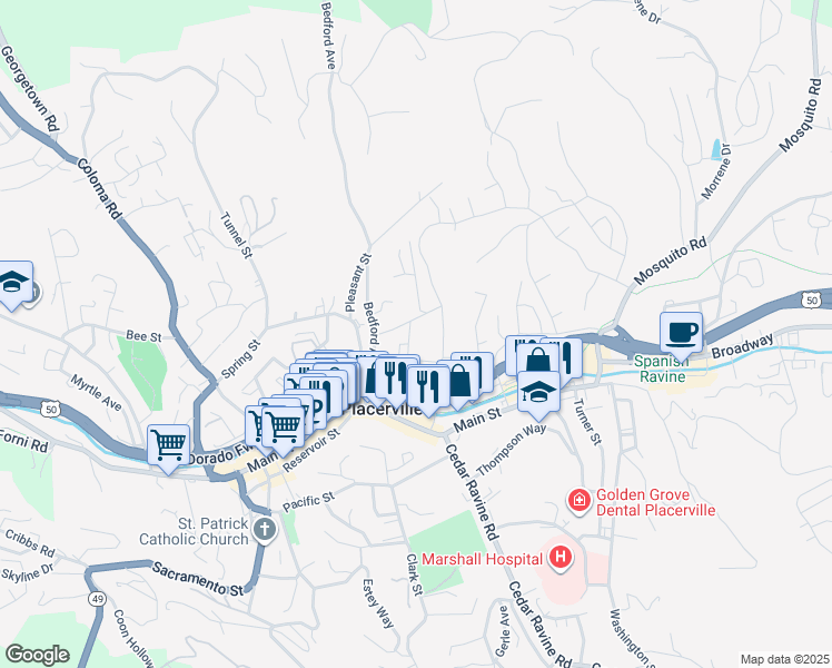 map of restaurants, bars, coffee shops, grocery stores, and more near 2930 Clay Street in Placerville
