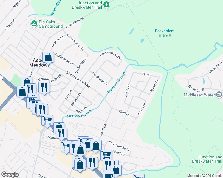 map of restaurants, bars, coffee shops, grocery stores, and more near 108 Munchy Court in Rehoboth Beach