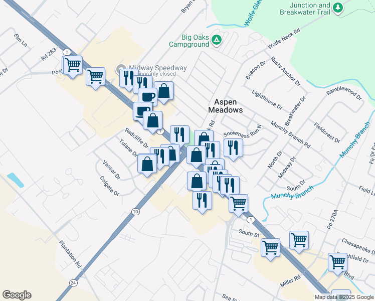 map of restaurants, bars, coffee shops, grocery stores, and more near Delaware 24 in Sussex County