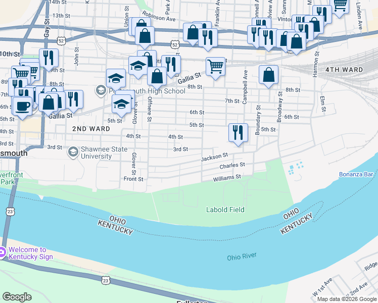 map of restaurants, bars, coffee shops, grocery stores, and more near 1653 Jackson Street in Portsmouth