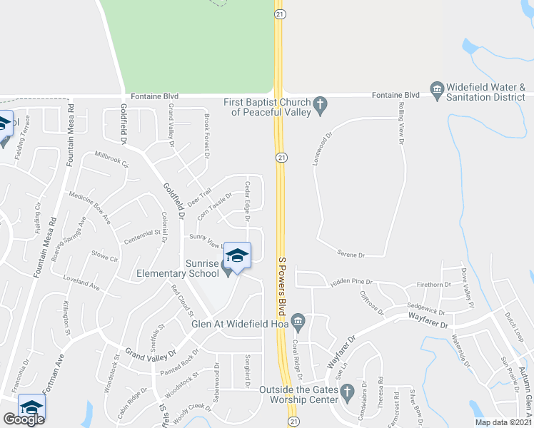 map of restaurants, bars, coffee shops, grocery stores, and more near 6865 Blue River Way in Colorado Springs