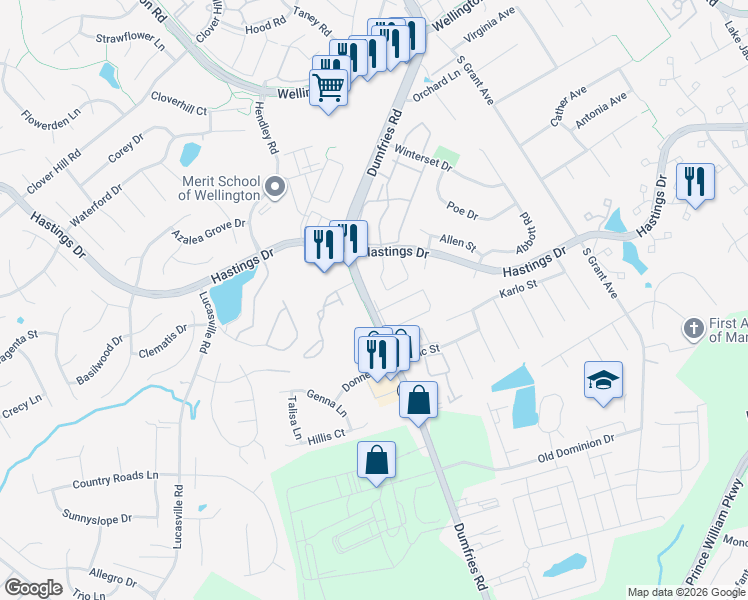 map of restaurants, bars, coffee shops, grocery stores, and more near Dorchester Place in Manassas