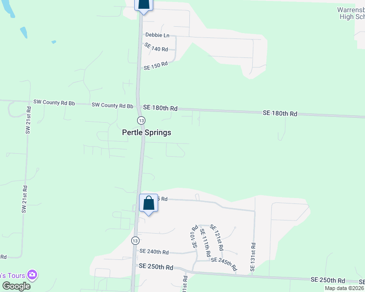 map of restaurants, bars, coffee shops, grocery stores, and more near 213 Southeast 51 Road in Warrensburg