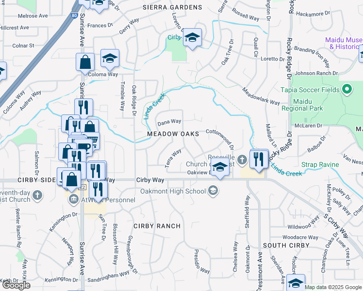 map of restaurants, bars, coffee shops, grocery stores, and more near 1100 Terra Way in Roseville