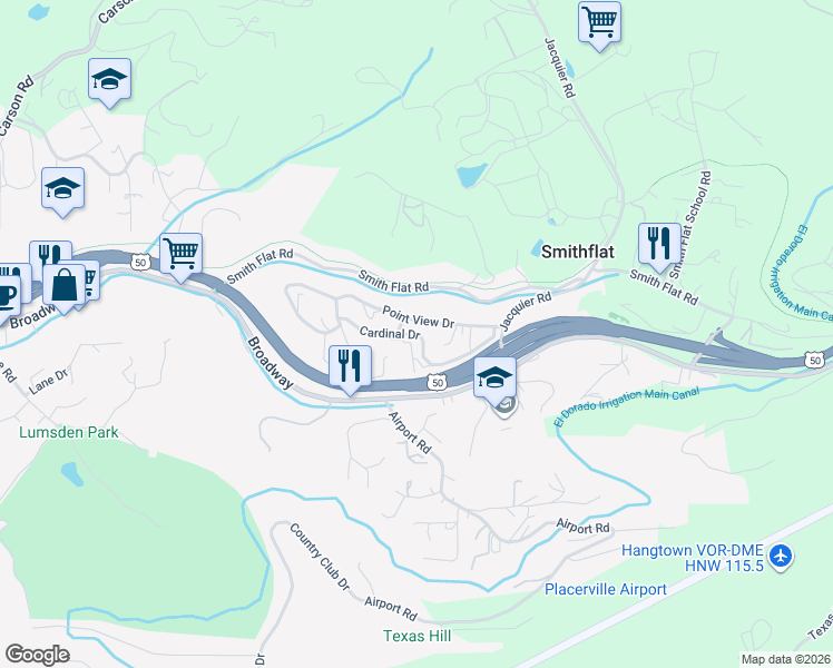 map of restaurants, bars, coffee shops, grocery stores, and more near 2998 Letitia Avenue in Placerville