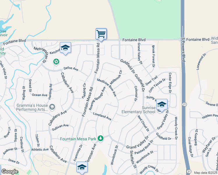 map of restaurants, bars, coffee shops, grocery stores, and more near 6920 Medicine Bow Avenue in Fountain