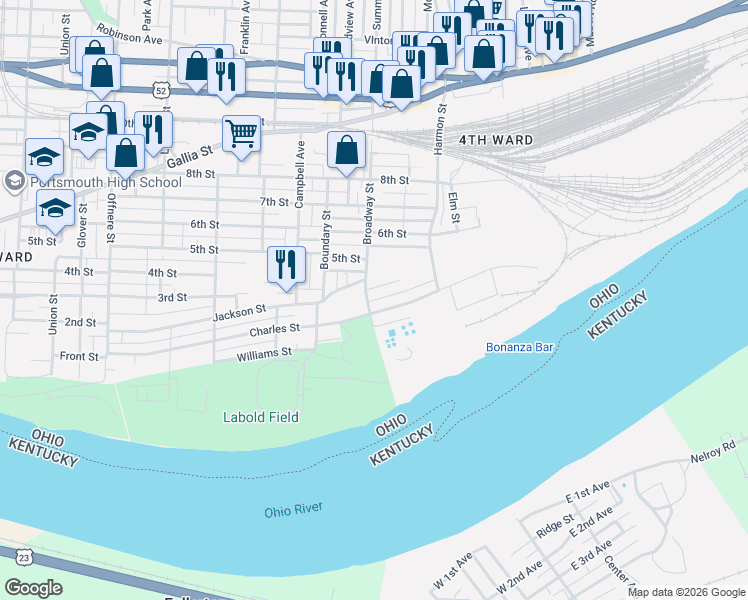 map of restaurants, bars, coffee shops, grocery stores, and more near 2048 Rose Avenue in Portsmouth