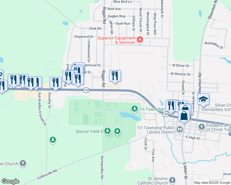 map of restaurants, bars, coffee shops, grocery stores, and more near 436 Edwardsville Road in Troy