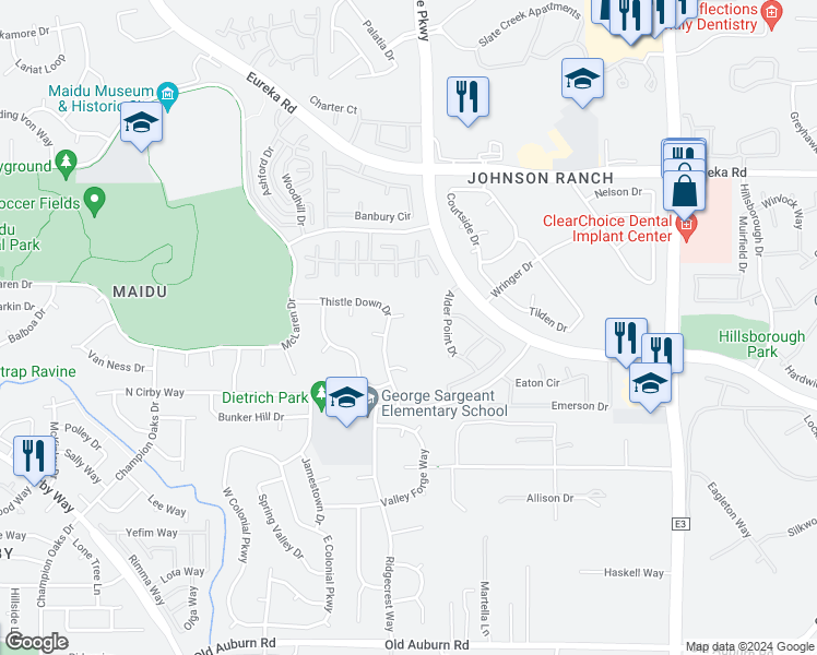 map of restaurants, bars, coffee shops, grocery stores, and more near 202 Golden Hill Court in Roseville